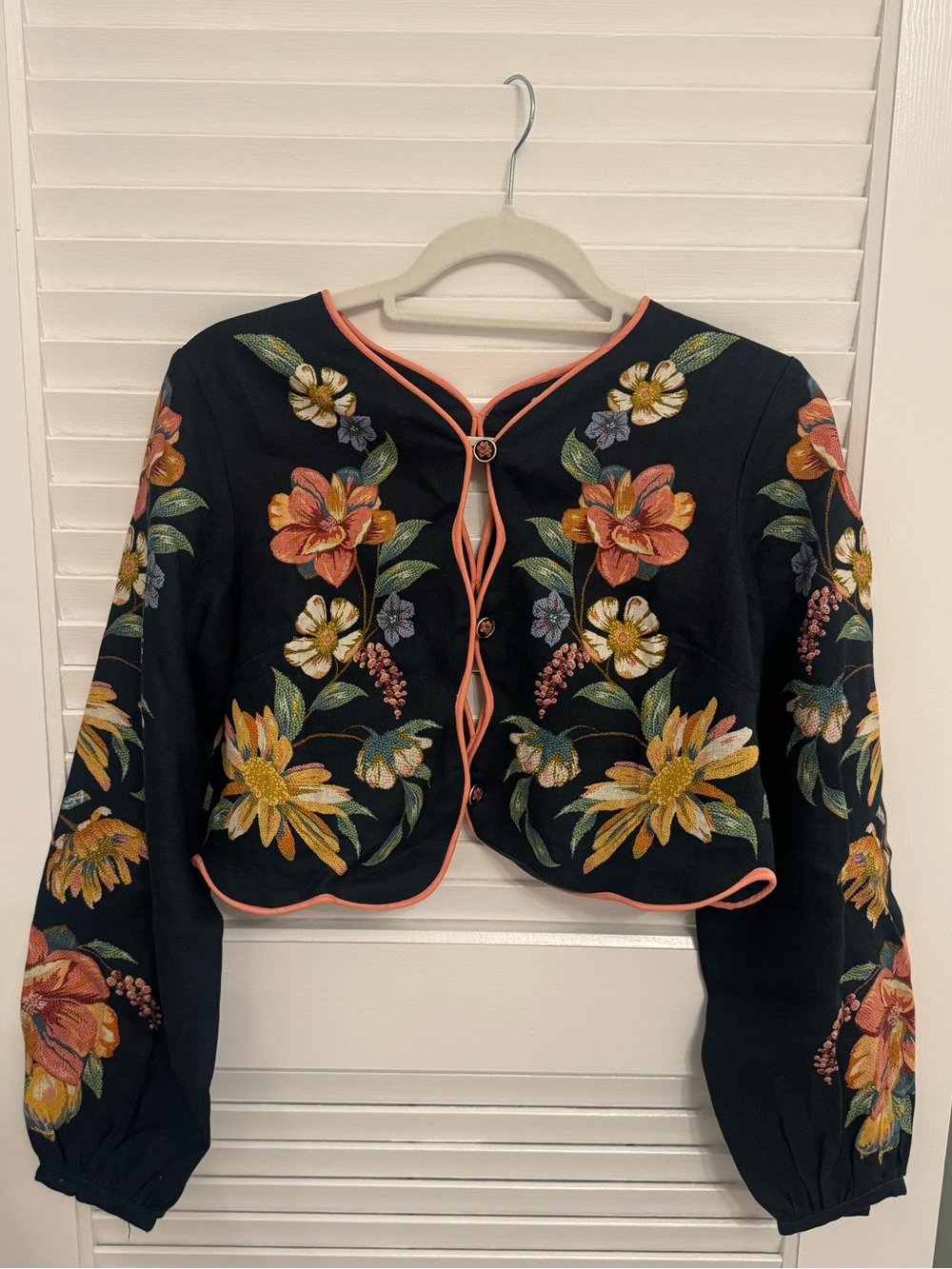 Farm Rio Embroidered Black Floral Cropped Jacket